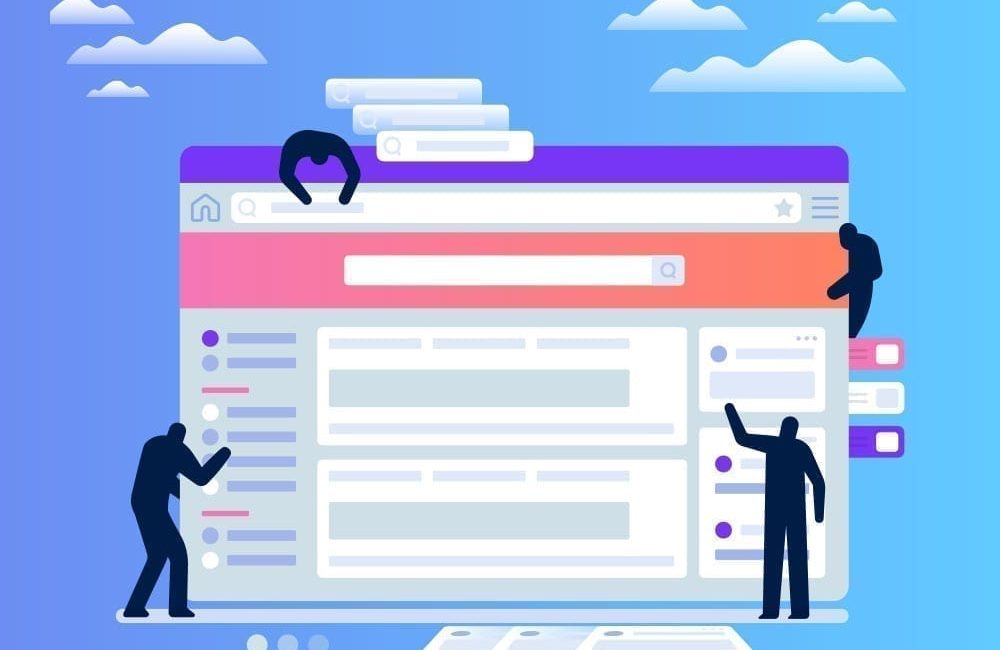 Illustration of three people interacting with a large web browser interface, showcasing advanced website layout design techniques with search bars, tabs, and text boxes against a blue sky background with clouds.