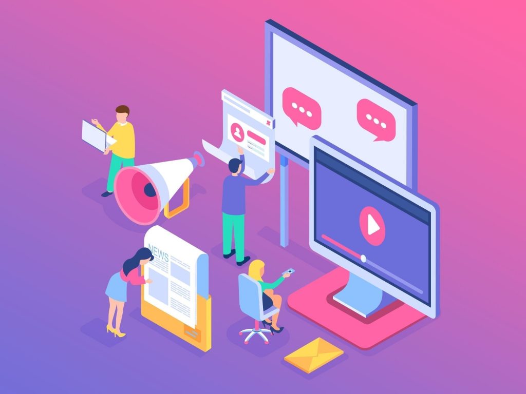 Illustration of people working with digital media elements, including social media posts, a megaphone, news, and a video on a screen, all framed within the context of integrated marketing communication on a gradient pink-purple background.