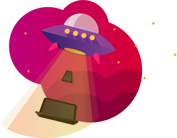 Illustration of a UFO emitting a beam of light that is lifting a laptop computer, symbolizing advanced web services, against a backdrop of stars and purple clouds.