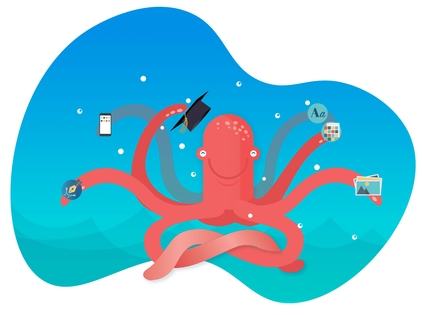 An illustration of a red octopus with eight arms holding various items, including a smartphone, graduation cap, speech bubbles, color palette, and framed pictures against a blue background showcases innovative design.