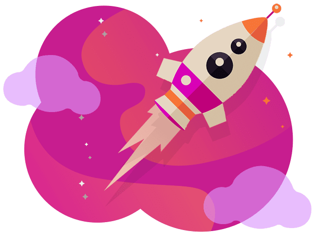 Illustration of a rocket ship with orange accents flying through a colorful pink and purple cloud-filled sky, symbolizing innovative brand strategy.