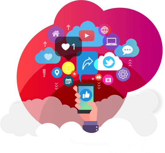 Illustration of a hand holding a smartphone, surrounded by various floating social media icons like Facebook, Twitter, Instagram, and YouTube, with a cloud backdrop—a perfect representation of the seamless world of mobile applications.