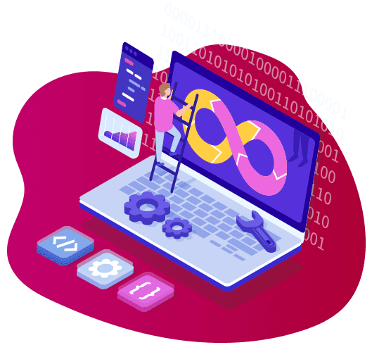 Illustration of a person on a ladder leaning against a laptop. The screen displays a DevOps symbol. Surrounding elements include binary code, settings icons, and gears, conveying a software development theme with an emphasis on web development practices.