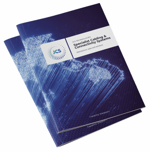 Two blue brochures titled "Specialist Cabling & Connectivity Systems" from JCS Technologies, featuring a digital world map design and the trusted JCS logo.
