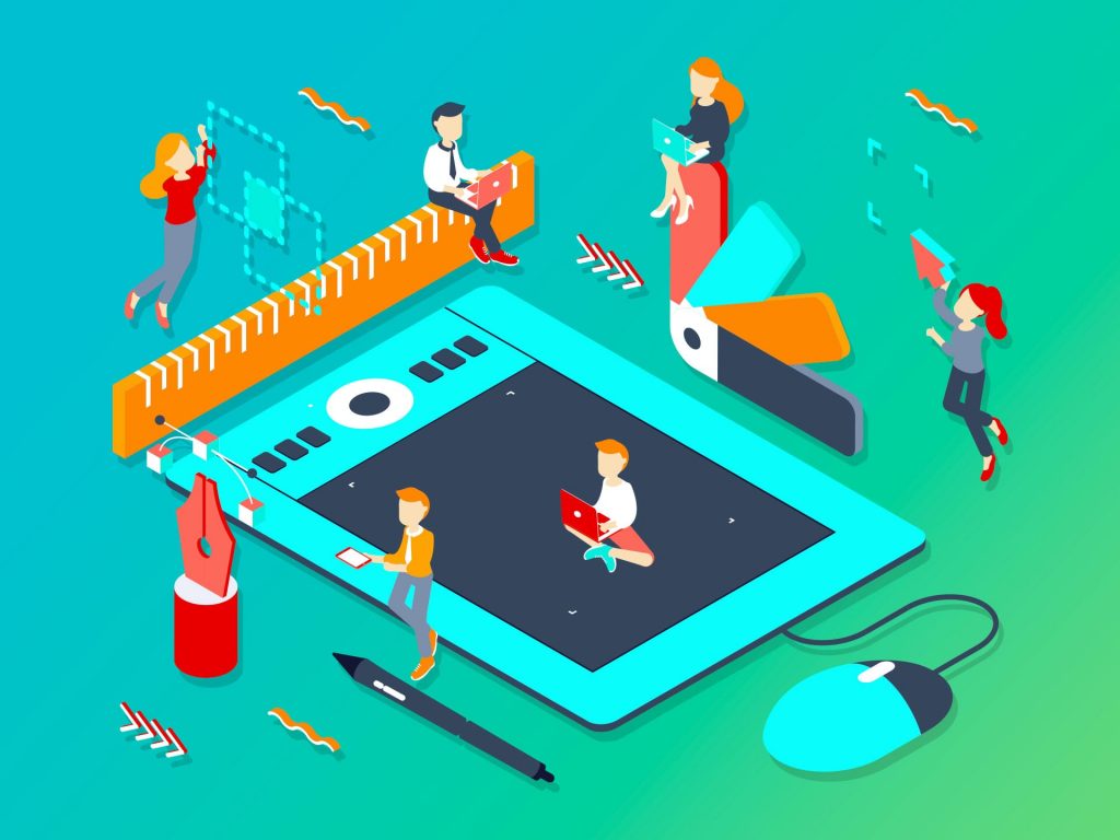 Illustration of people interacting with a large graphic tablet, surrounded by design tools like a ruler, pen, color palette, and mouse on a teal background adorned with brand colours.