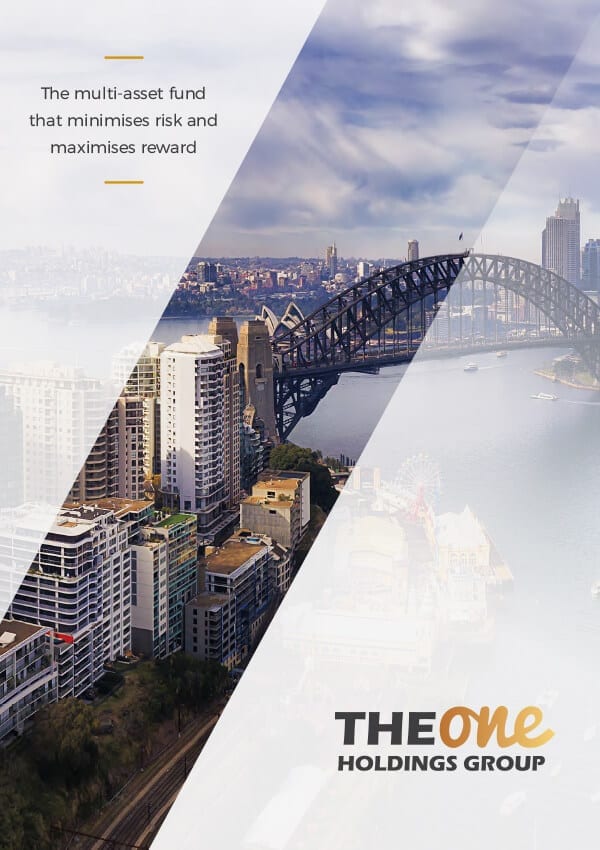 A cityscape featuring the Sydney Harbour Bridge and nearby buildings. Text overlay reads, "The multi-asset fund that minimises risk and maximises reward," showcasing our robust construction capability statement. The One Holdings Group logo is displayed.
