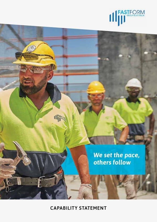 Three construction workers in high-visibility shirts and hard hats on a worksite, one leading with tools in hand, with a blue text overlay: "We set the pace, others follow." This image headlines our construction capability statement.