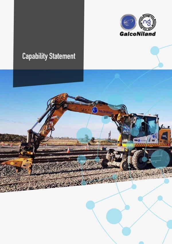 An orange excavator at a construction site with the logo "GalcoNiland" on the cover page of a "Construction Capability Statement" brochure, featuring a technical blueprint design in the background.