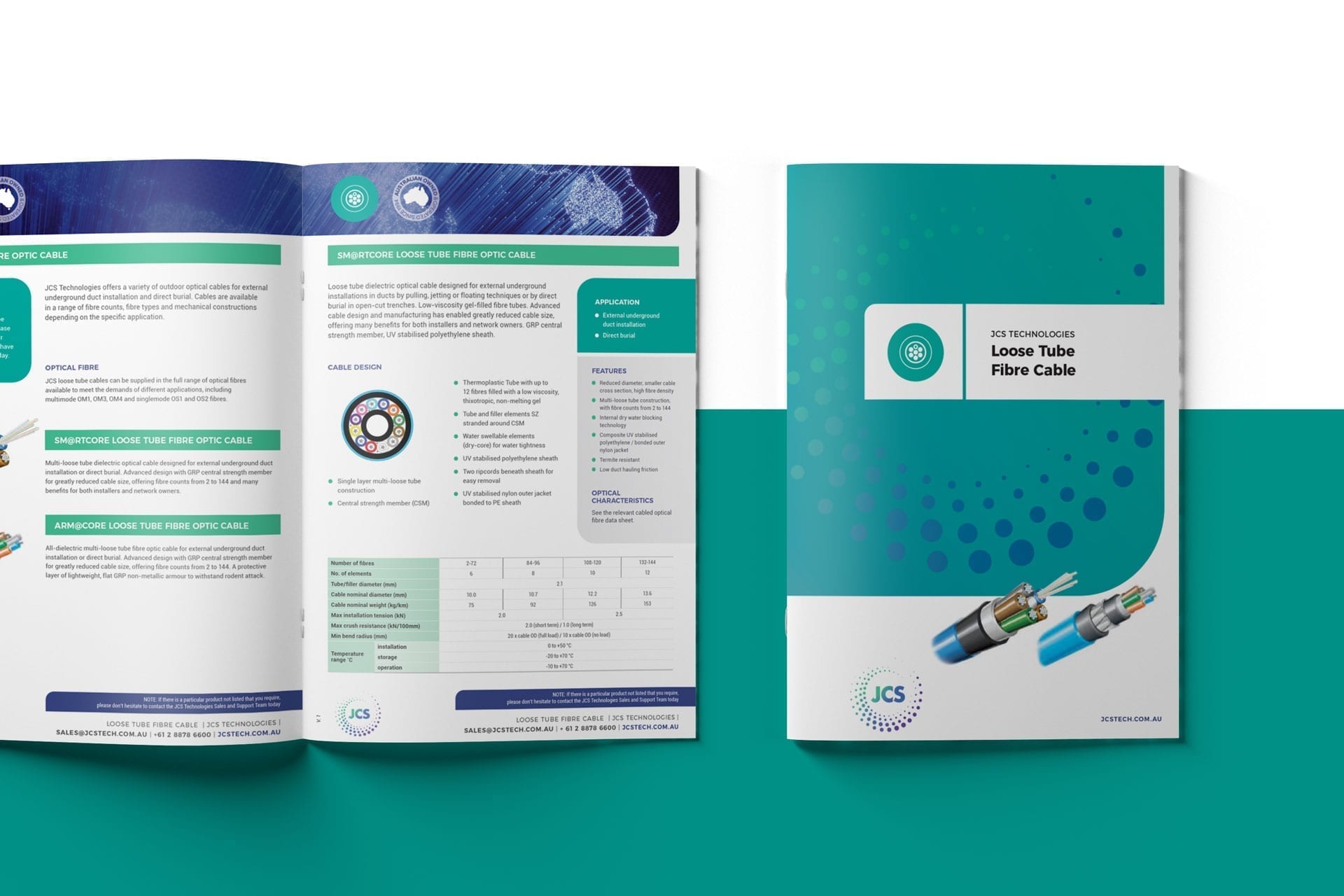 Brochure displaying JCS Technologies' "Loose Tube Fibre Cable," featuring both graphics and detailed text on specifications across an open spread, complemented by a cover showcasing vibrant images of the cables.