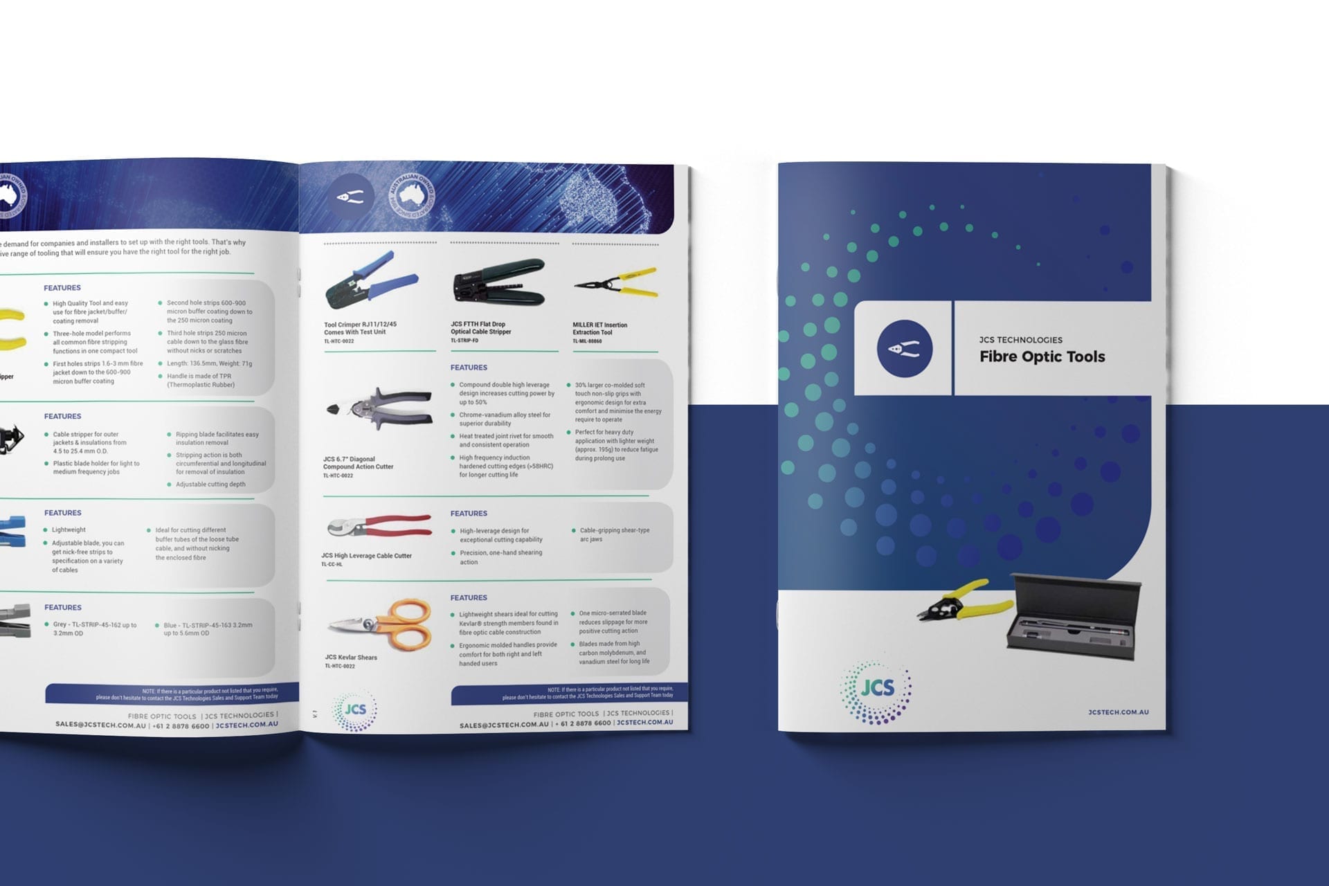 Two pages from a JCS brochure for fibre optic tools. The left page showcases various tools with detailed descriptions, while the right page features the brochure's cover.