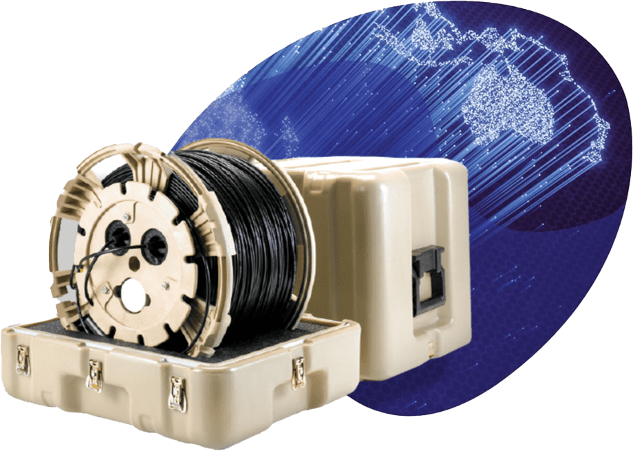 A beige portable fiber optic cable reel, embossed with the JCS logo, is partially extended from its carrying case. A digital background depicts a global network.