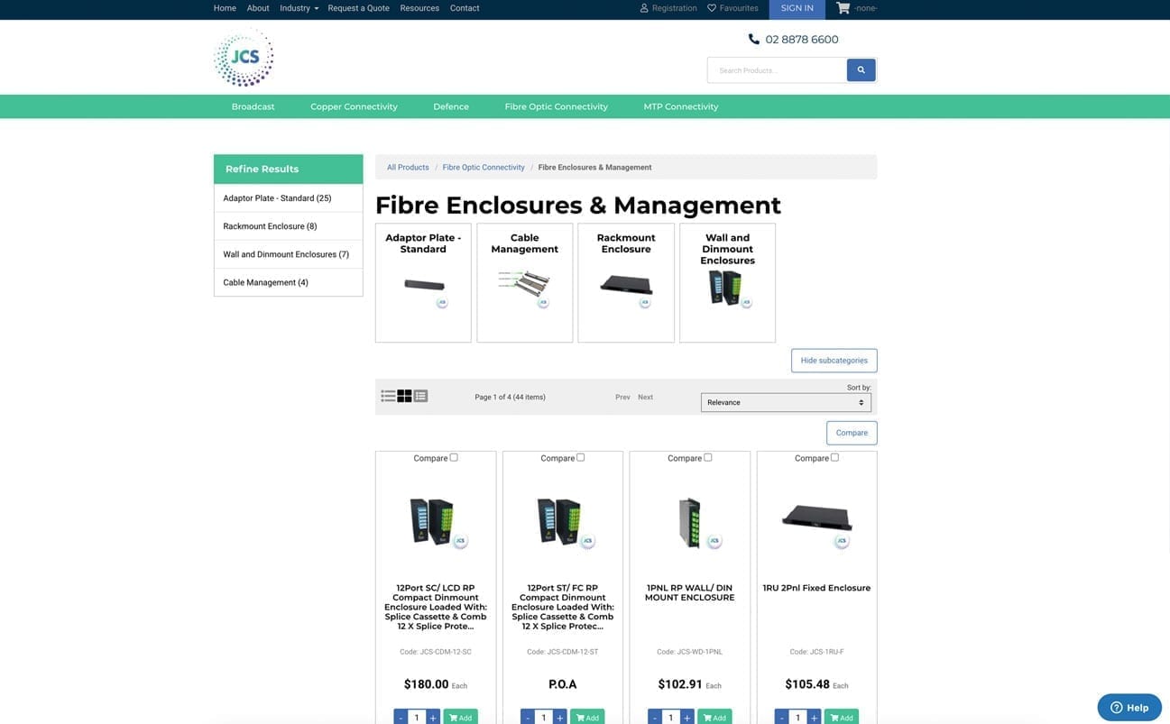 A website page showcasing JCS fiber enclosures and management products available for purchase. There are various items listed with images, descriptions, and prices.