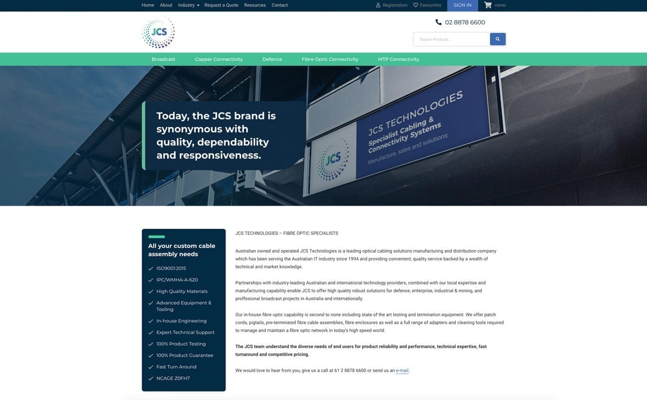 A screenshot of the JCS Technologies website homepage, showcasing their cable solutions. The page highlights JCS's specialization in fiber optic assemblies, quality service, and provides contact information.