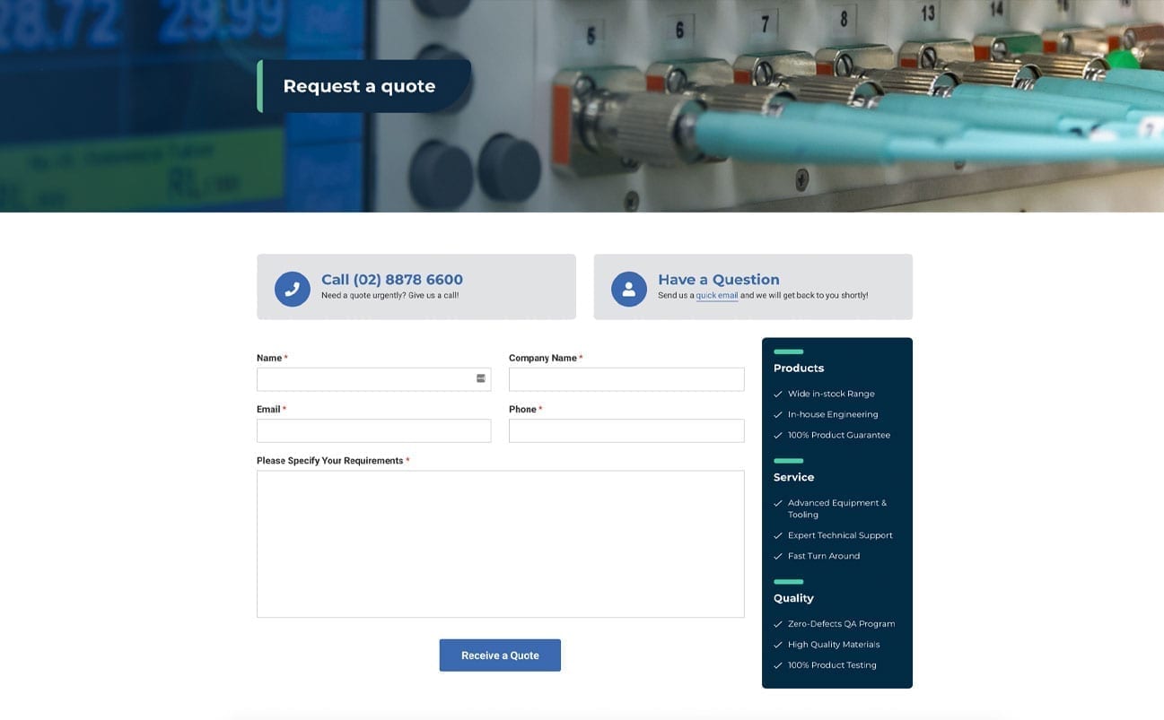 A JCS webpage displaying a "Request a Quote" form with fields for name, email, company name, phone, and requirements. Contact details and a list of products, services, and quality features are on the right.