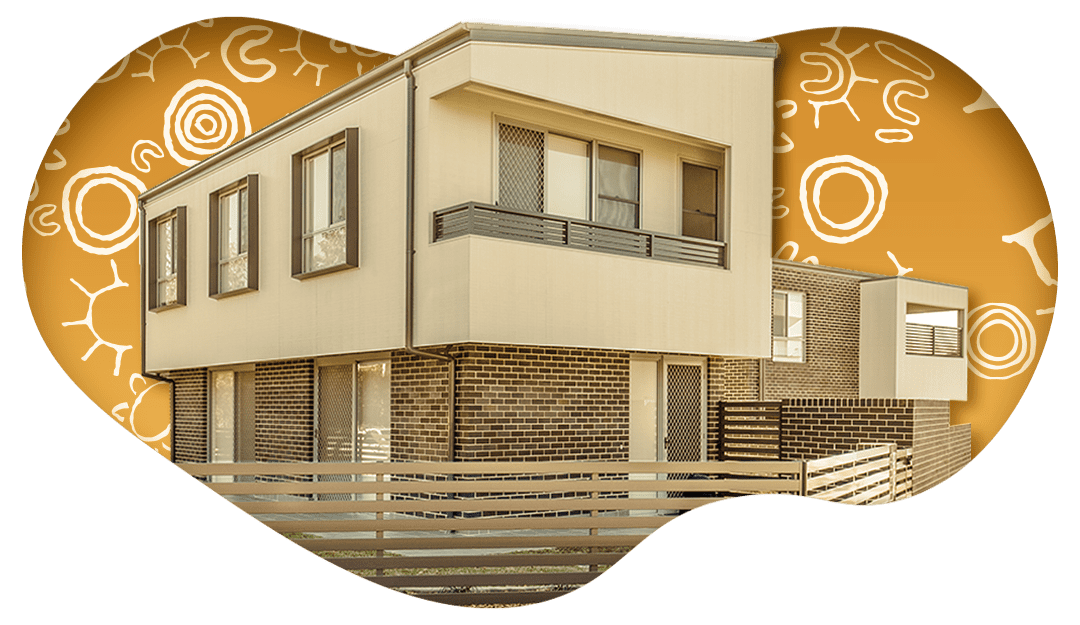 Modern two-story Wentworth house with a brick and cream-colored exterior, placed against a background featuring abstract circular patterns—a prime example of Community Housing at its finest.