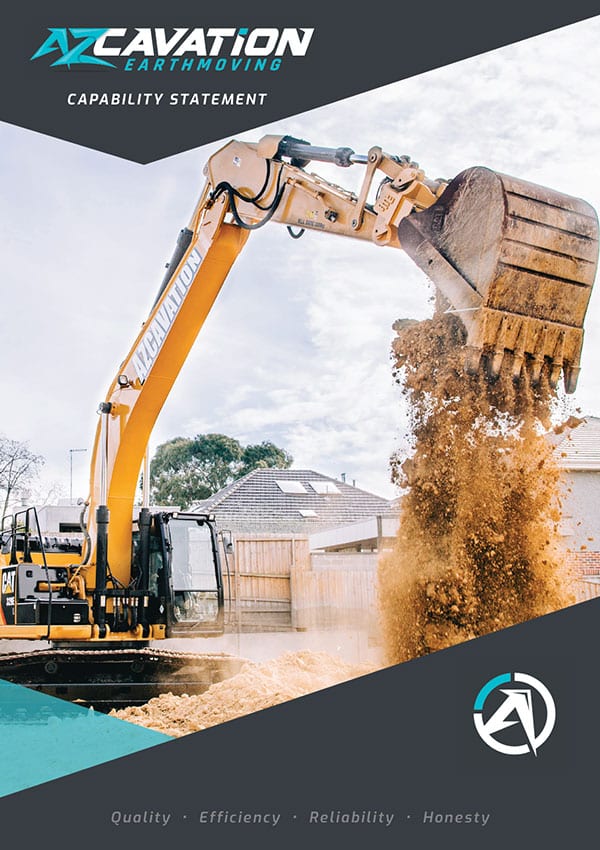 An excavator dumping soil at a construction site, with the logo and values of AC Excavation displayed.