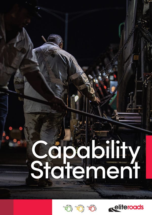 Two road workers operating heavy machinery at night with the text "Capability Statement" and the logo for Elite Roads.