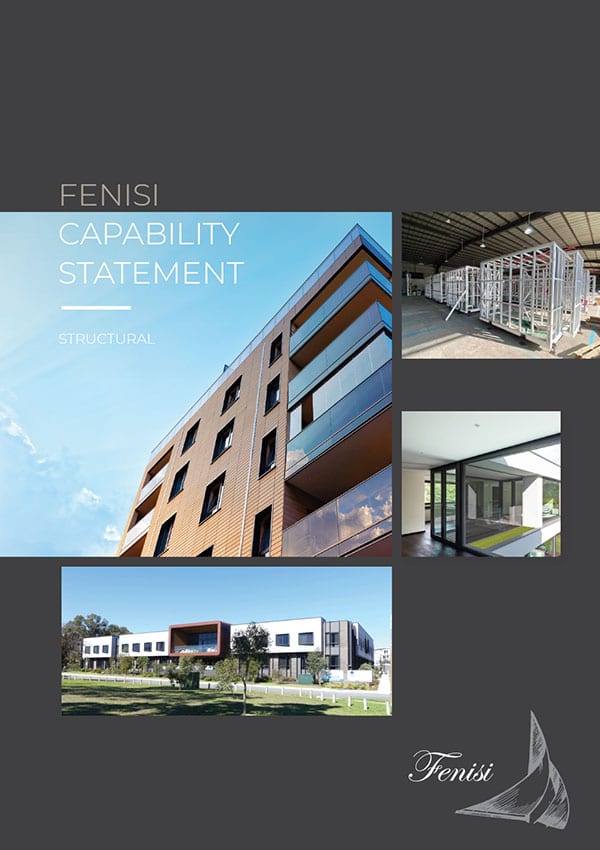 Promotional brochure titled "FENISI Capability Statement - Structural" showcasing various architectural projects, including building exteriors and interiors.