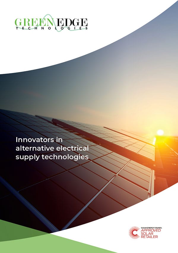 Promotional poster for Green Edge Technologies featuring solar panels at sunset, with text "Innovators in alternative electrical supply technologies".