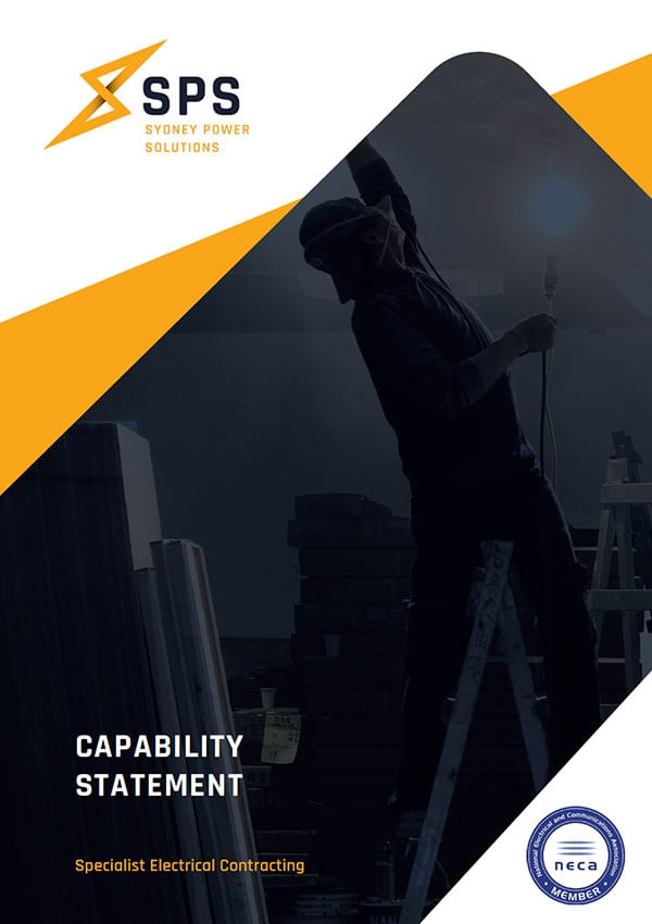 A worker wearing a helmet uses electrical tools on a ladder under the logo of Sydney Power Solutions, with text “Capability Statement” and “Specialist Electrical Contracting”.