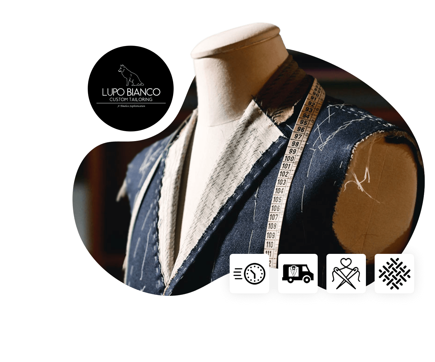 A fabric mannequin fitted with a partially sewn suit is draped with a measuring tape. The Lupo Bianco logo stands out, surrounded by related tailoring icons.