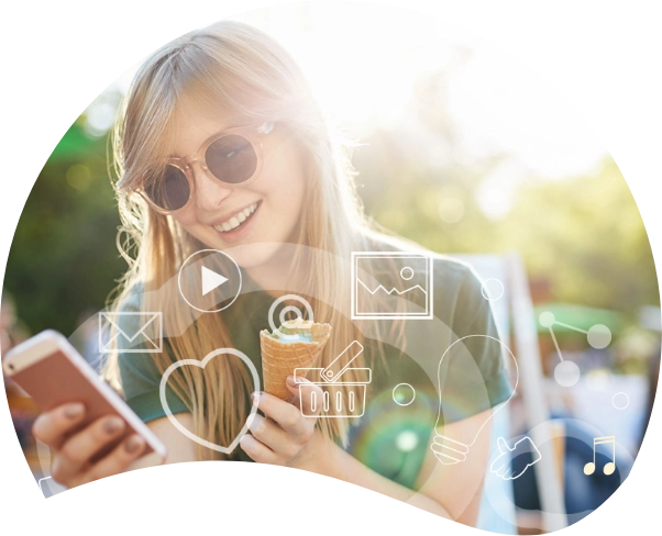 Person wearing sunglasses is smiling while looking at their phone and holding an ice cream cone. Various digital icons, such as email, shopping cart, and social media notifications, are overlaid on the image.