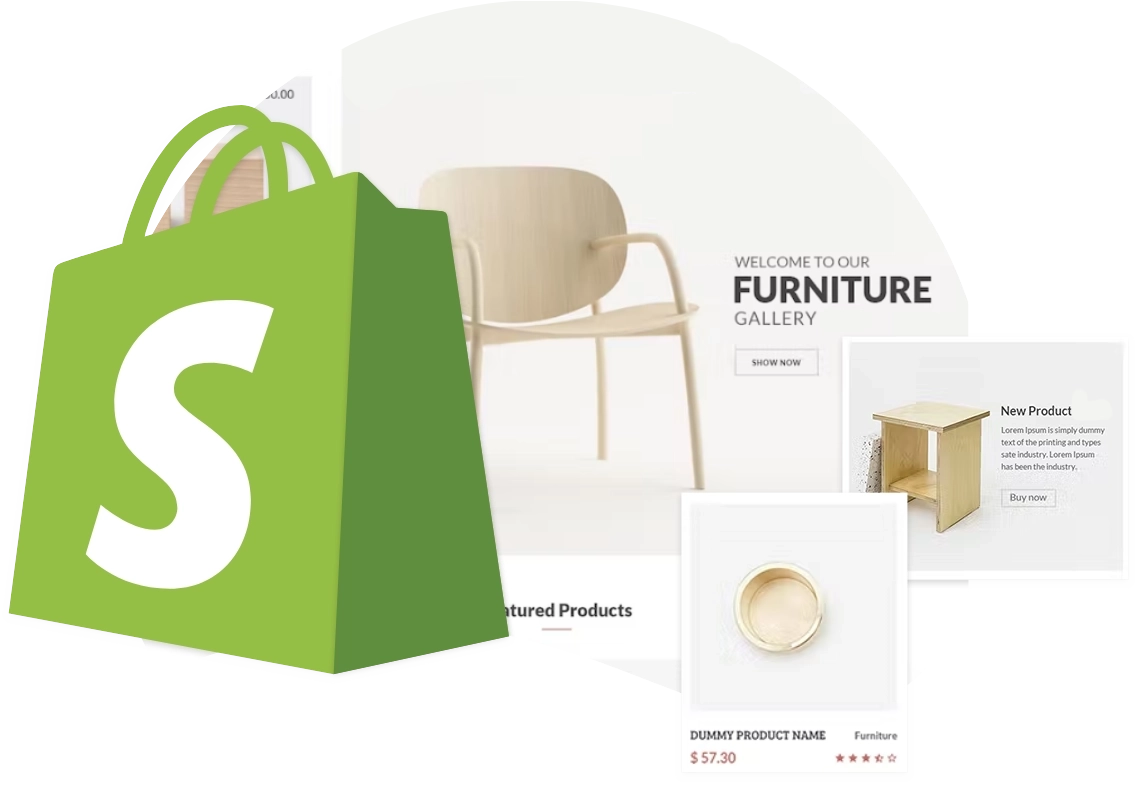 The Shopify logo appears in front of a webpage displaying a chair, side table, and ring, labeled "Welcome to our Furniture Gallery." Various product images and prices are shown.