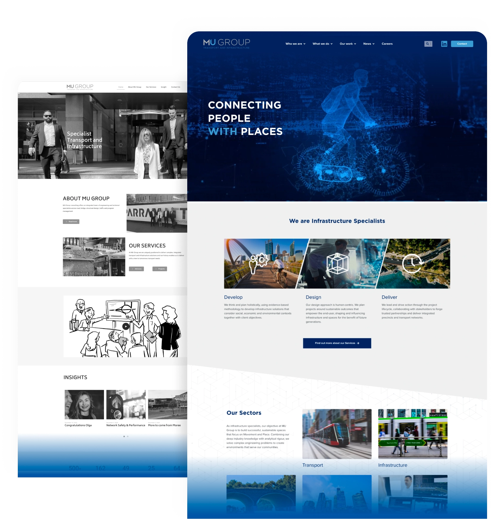 A website homepage for a company specializing in infrastructure with sections on services, insights, and sectors like transport and infrastructure, featuring images, text, and a navigation menu.