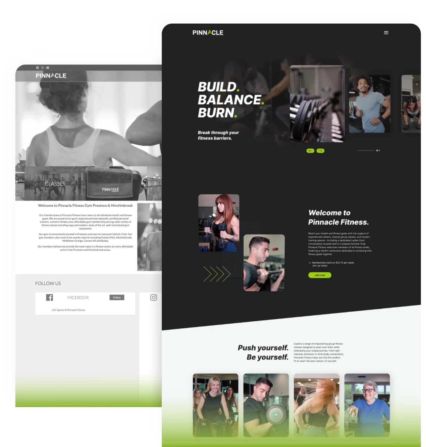 Two web pages depict a fitness website with a focus on high-intensity training. The headings emphasize building strength and balancing fitness routines. Images of people exercising are featured throughout.