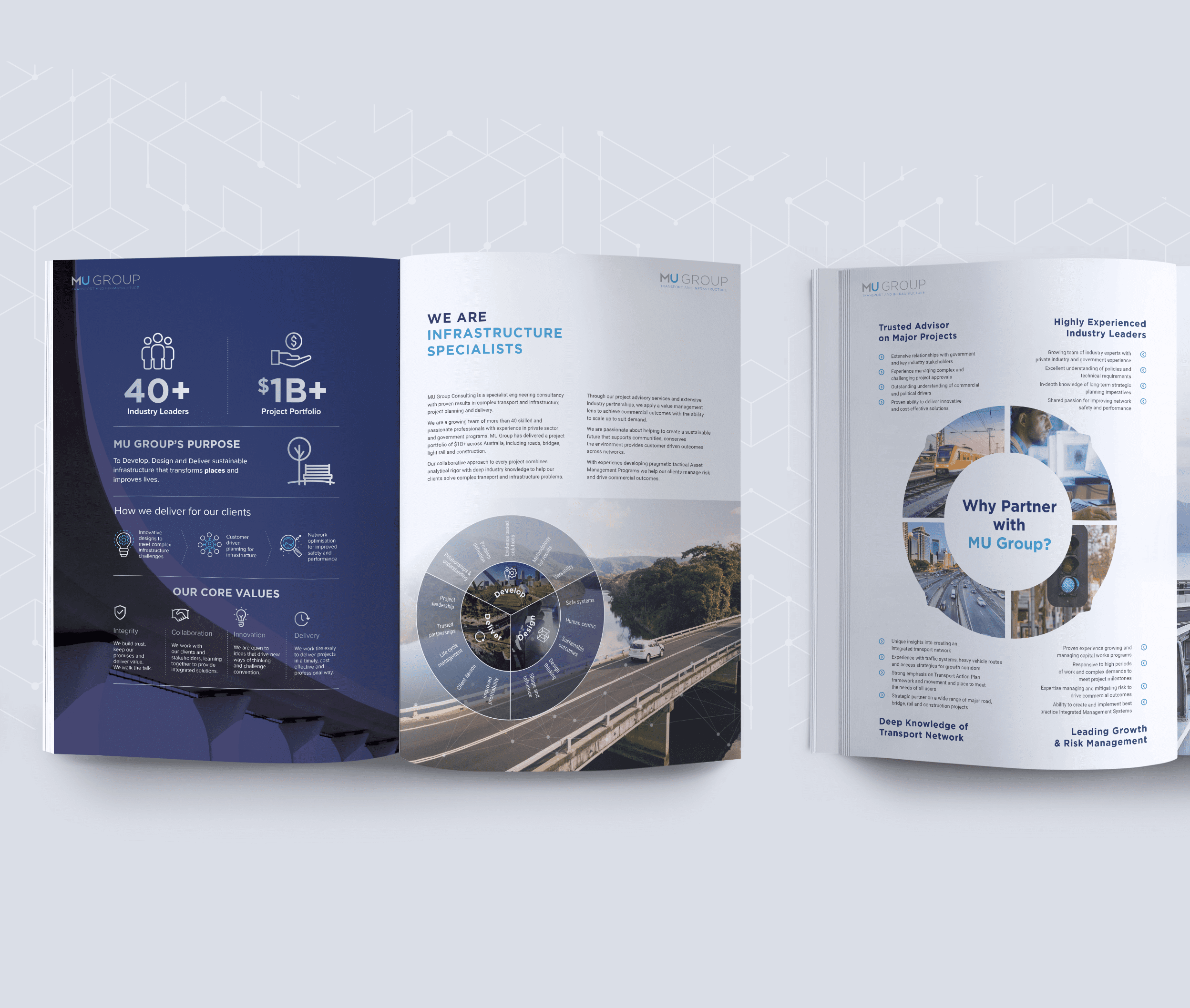 A three-page brochure of HJI Group and MU Group showcasing company stats, core values, and reasons to partner with them. The pages include images, icons, and text detailing their combined expertise and achievements.