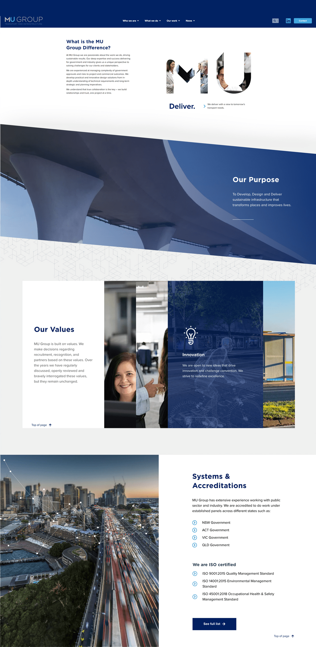 A corporate website featuring information about MU Group, including their purpose, values, innovation focus, systems and accreditations. The layout includes text sections, images of the MU Group team in action, and a cityscape image at the bottom.