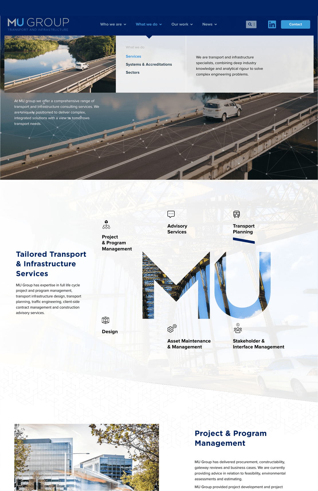 The MU Group website showcases transport and infrastructure services, featuring project management, advisory services, and transport planning. It includes images of bridges and detailed service descriptions.