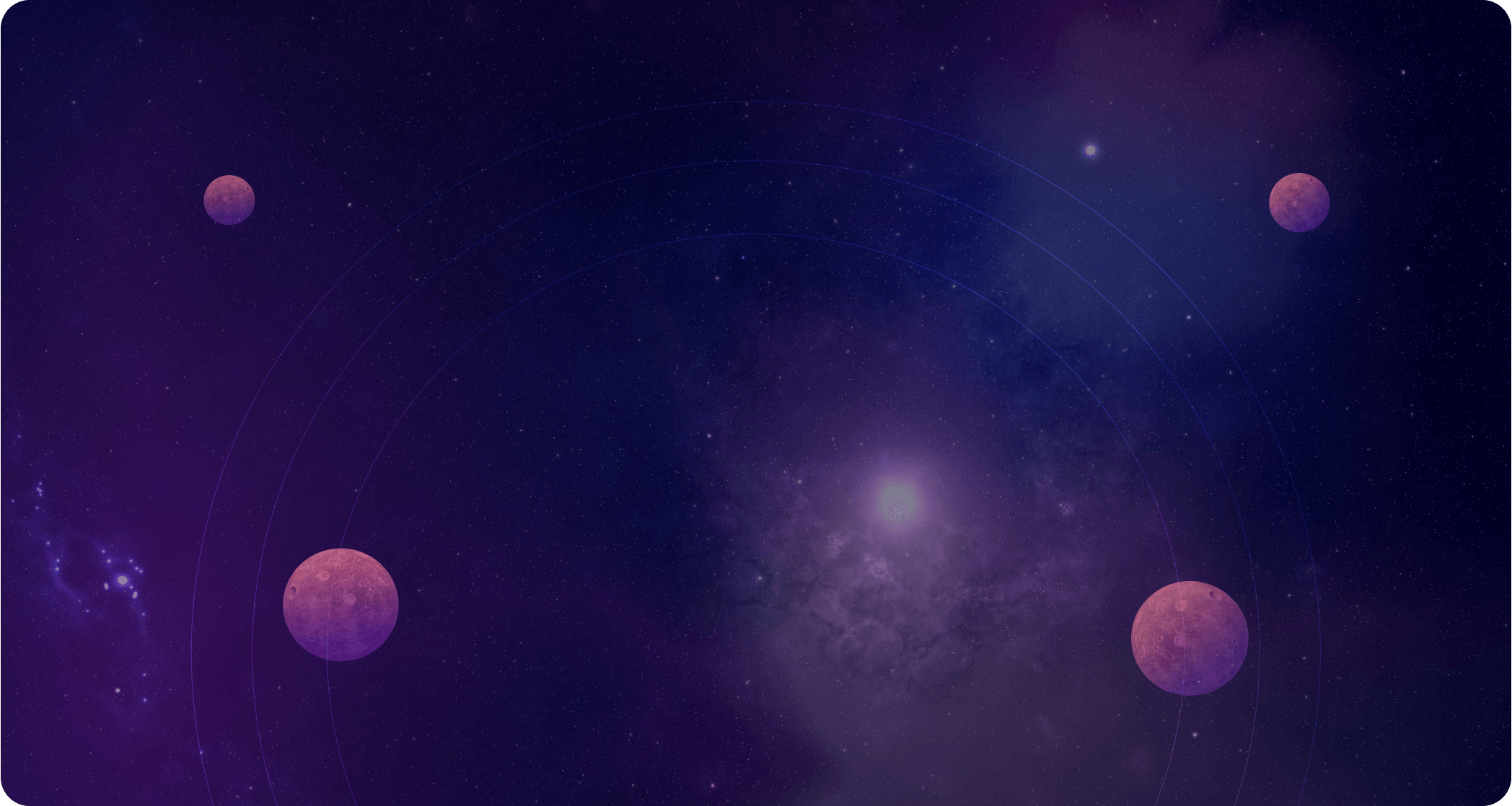 Illustration of four reddish planets in outer space arranged in a circular orbit against a purple nebula background highlights the surreal beauty of the cosmos. A bright star at the center illuminates this breathtaking scene, showcasing our illustration capability statement in capturing celestial wonders.