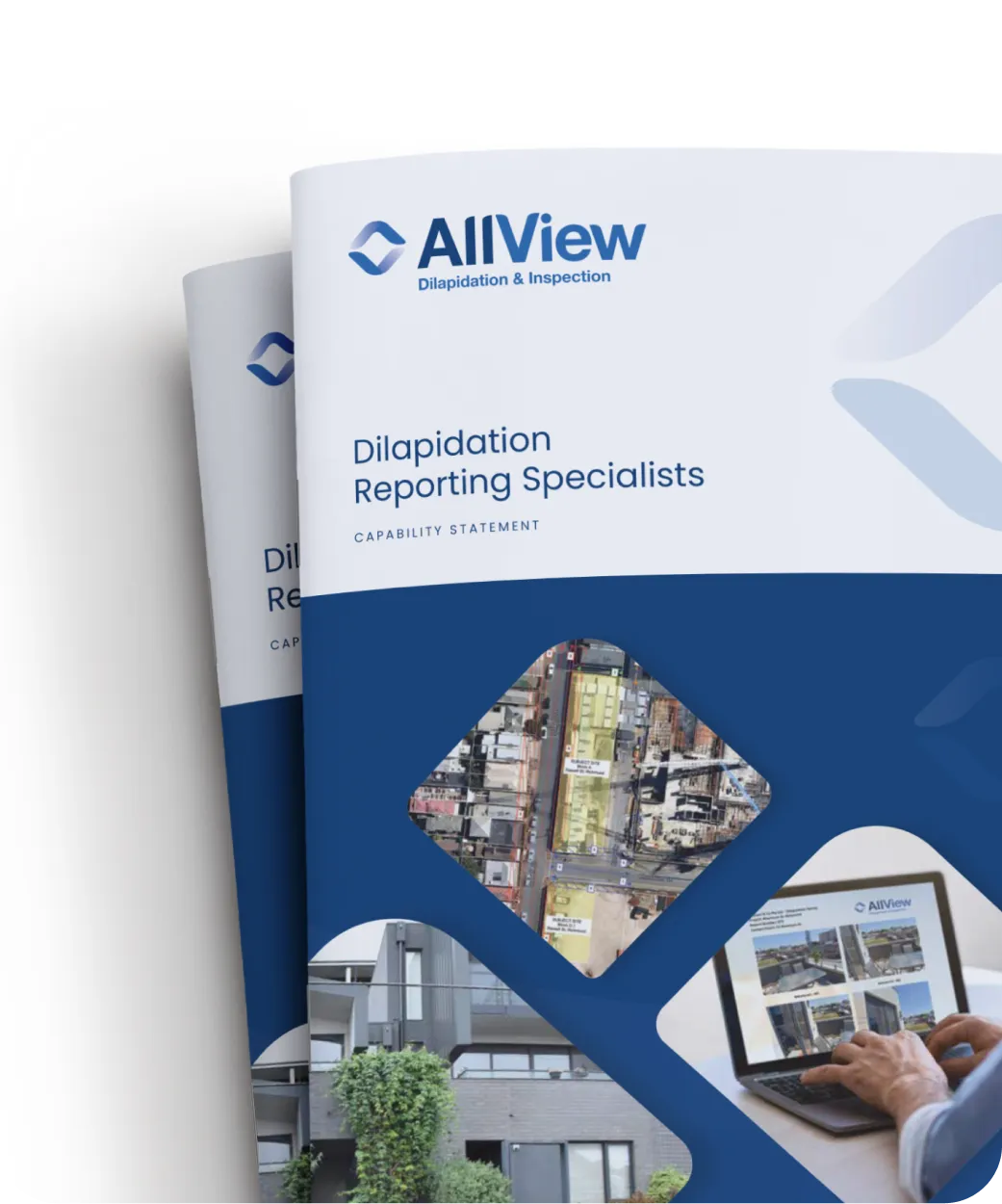 Brochures from allview, a dilapidation and inspection company, displayed with a cover featuring an urban construction site image.