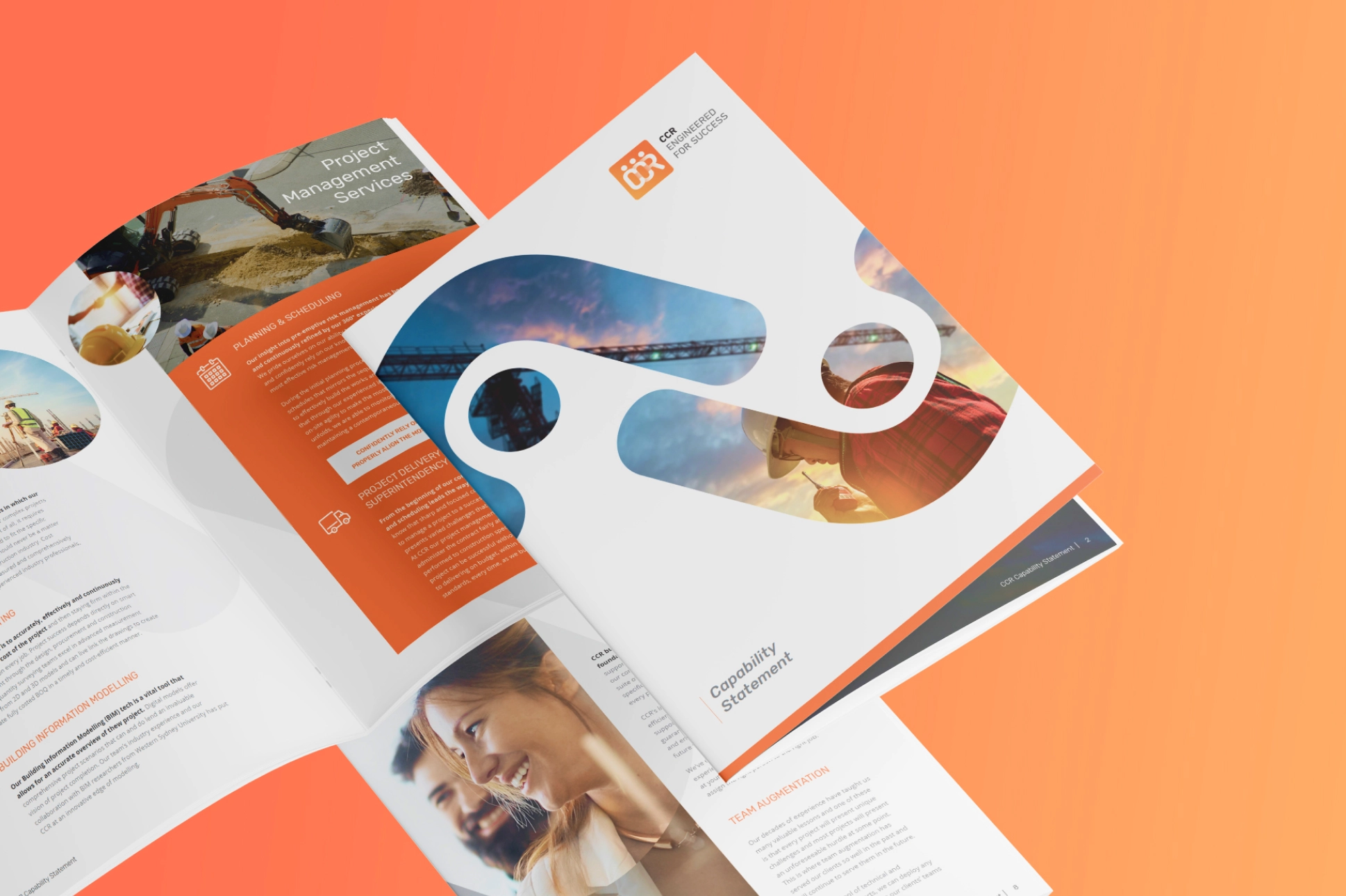 Printed marketing materials with a modern design laid out on an orange surface, including a brochure and a booklet with photos and text.