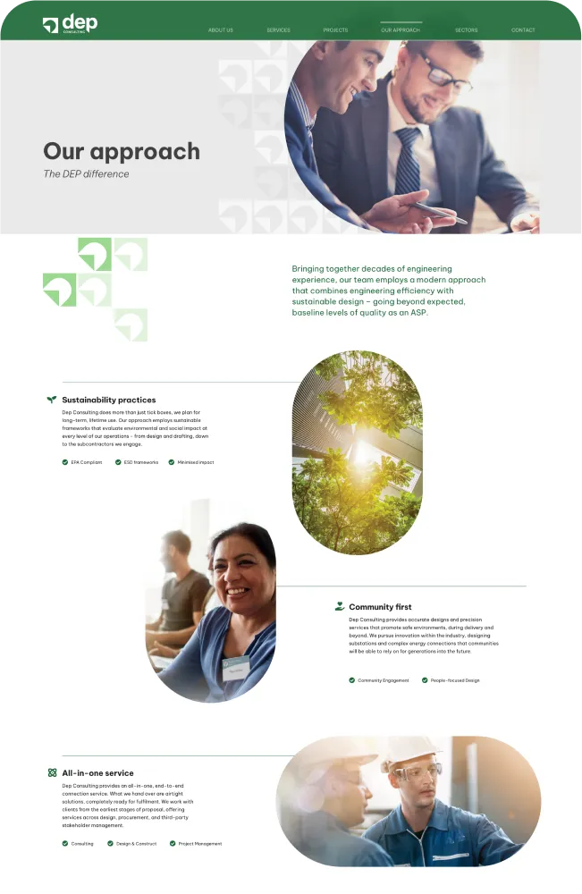 Corporate webpage with the title "Our approach" and sections on sustainability practices, community efforts, and integrated services, featuring images of dedicated professionals and community members.