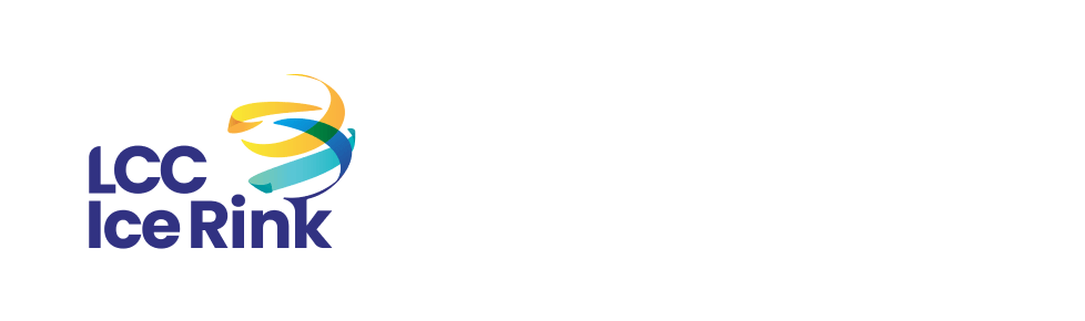 Logo for LCC Ice Rink with vibrant blue, yellow, and teal swirling lines forming a circular design next to the text "LCC Ice Rink" on a white background.