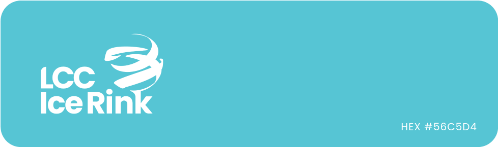 A teal graphic with the text "LCC Ice Rink" accompanied by a logo of a stylized ice skater. The color's hex code is #56C5D4.