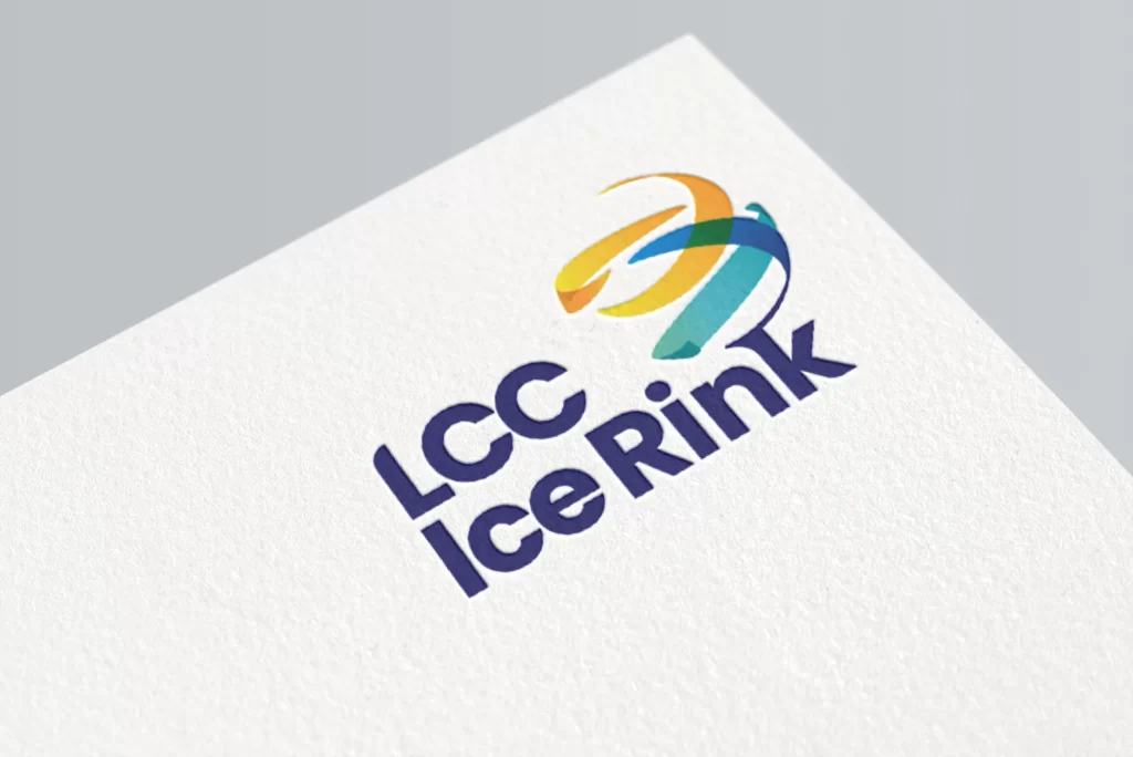 The image shows the "LCC Ice Rink" logo, featuring stylized, colorful swooshes next to the text on a white, textured background.