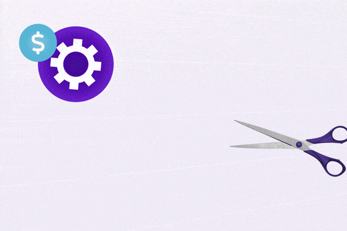 Animated image showing a purple gear icon with a dollar sign symbol, followed by purple scissors cutting it, symbolizing cost-cutting measures.