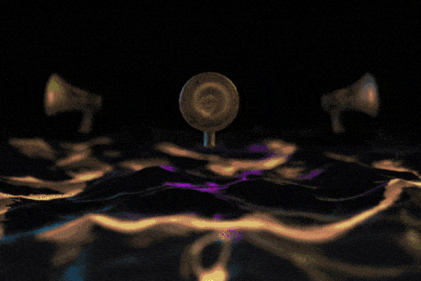 A glowing record with two megaphones in a dark environment, surrounded by a wavy, reflective surface with yellow and purple highlights.