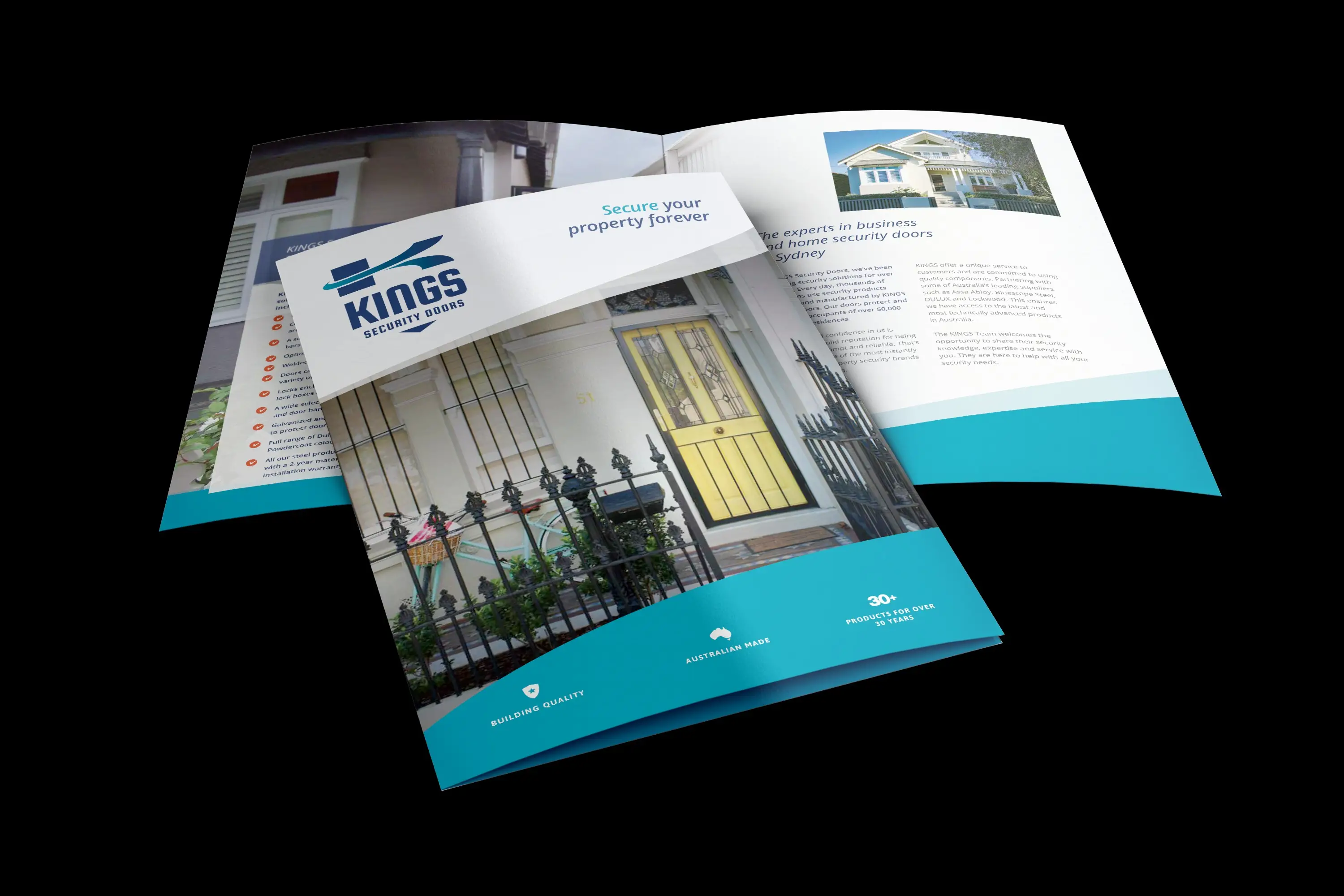 A brochure with a blue and white cover displaying the title "Secure Your Property Forever" and images of a yellow door and gated property. The open page shows text and photos related to security systems.
