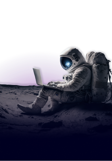 Astronaut sitting on the lunar surface, using a laptop, with a purplish hue in the background.