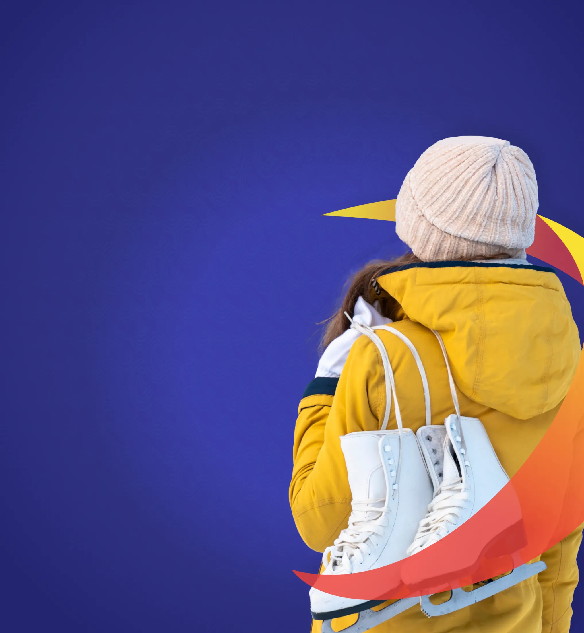 Person in a yellow jacket and beige beanie, seen from behind, holding ice skates over their shoulder against a blue background with colorful abstract shapes.