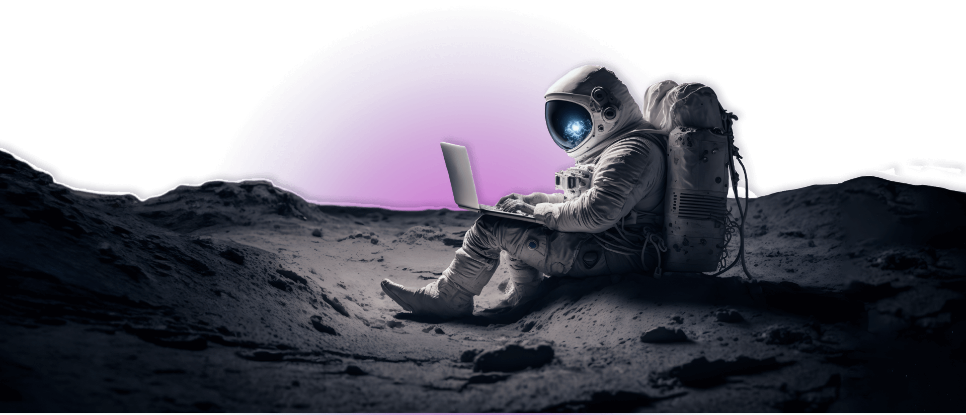 An astronaut in a spacesuit sits on a rocky lunar surface, using a laptop, with a purple glow in the background. Discover the wonders of space with each keystroke.