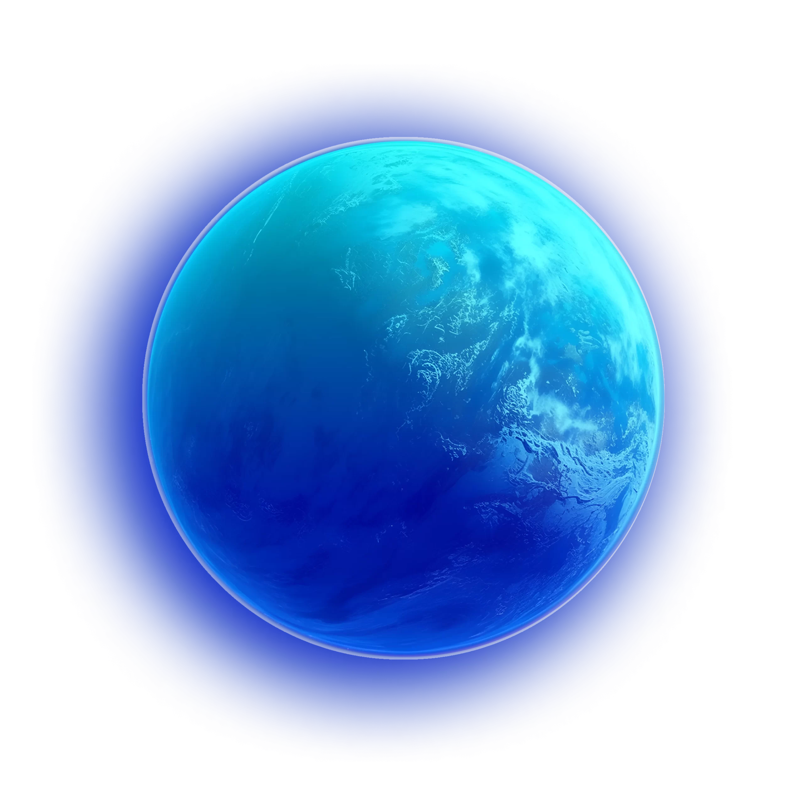 A digitally-rendered image of a blue planet with swirling cloud patterns, surrounded by a vibrant blue aura, set against a black background.