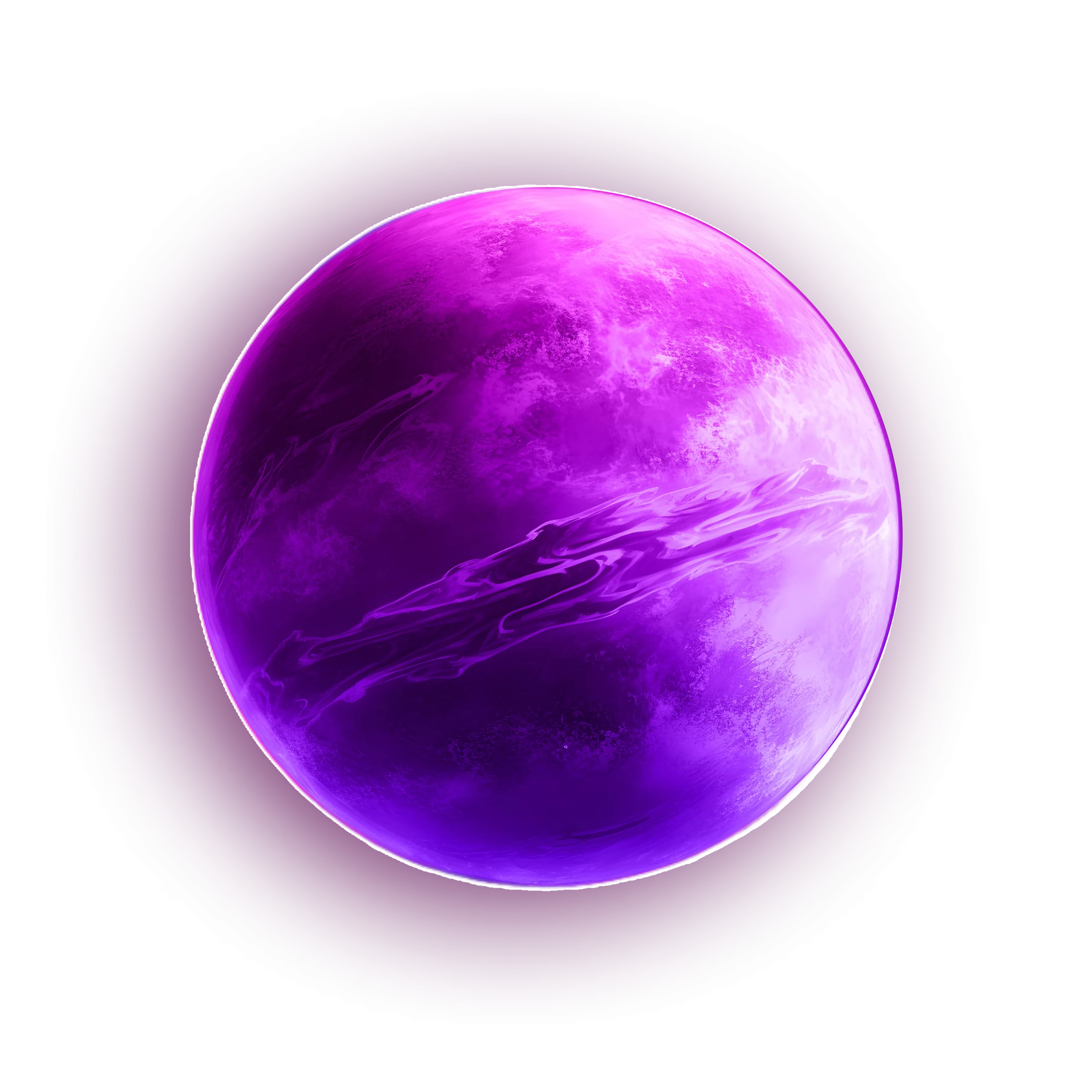 A digitally rendered purple planet with swirling cloud-like patterns and a glowing aura against a black background.