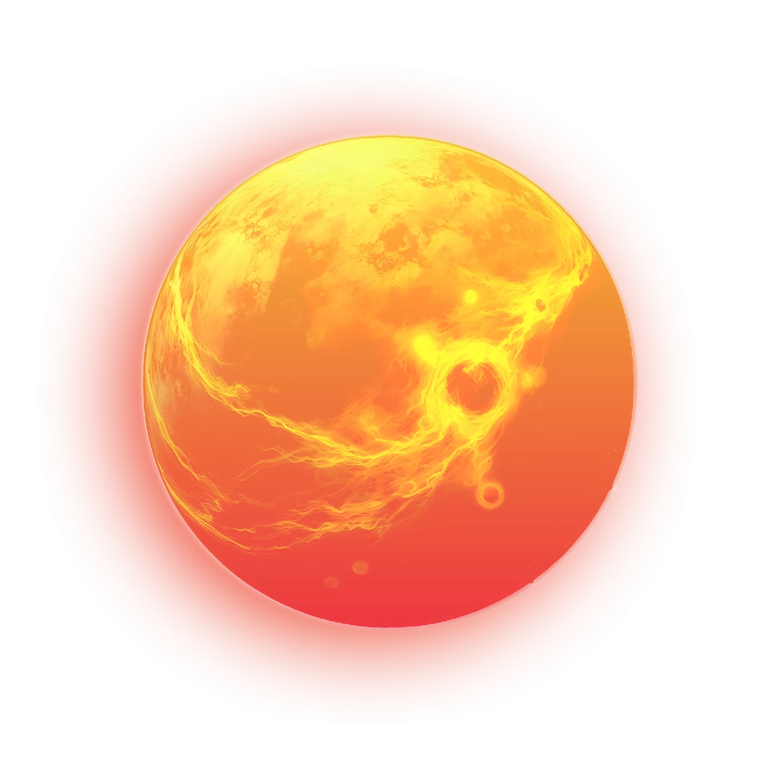 Image of a glowing celestial body resembling a fiery sun with swirling yellow and orange patterns, surrounded by a halo of red and orange light.