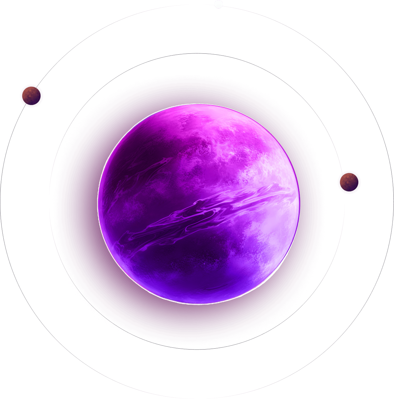 A vibrant purple planet with swirling clouds, orbited by two smaller red moons, graces the 2024 Home Page.