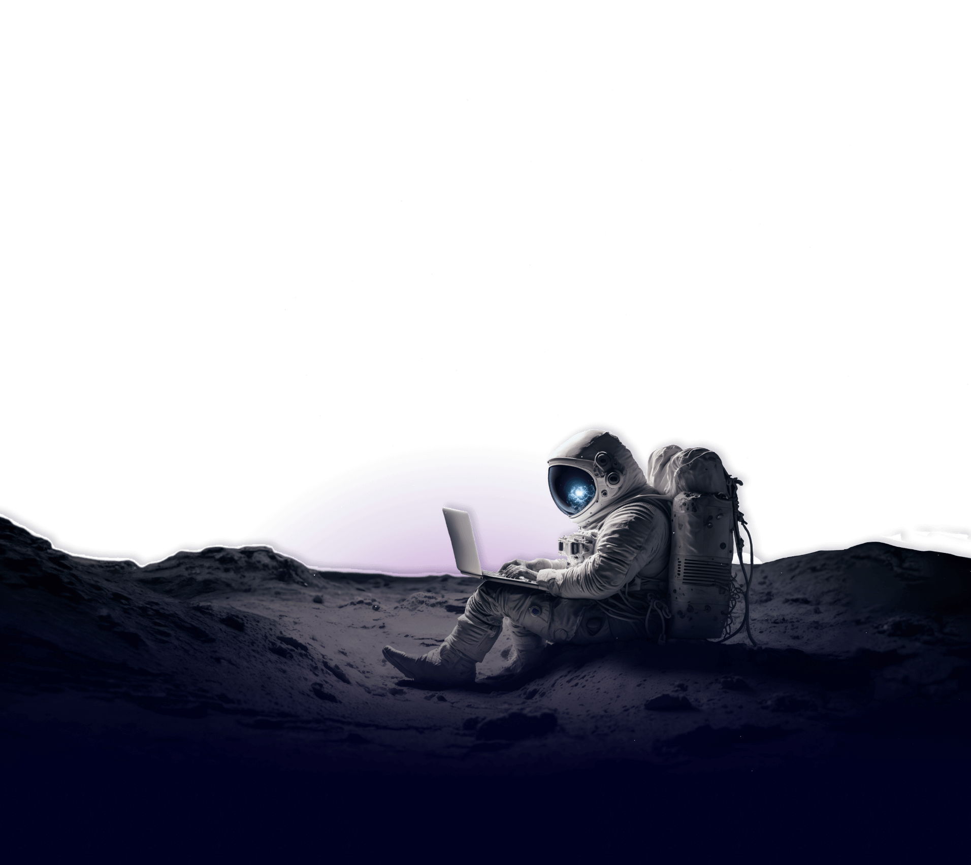 An astronaut in a spacesuit sits on a rocky surface with a laptop at night, against a backdrop of stars and a distant planet.